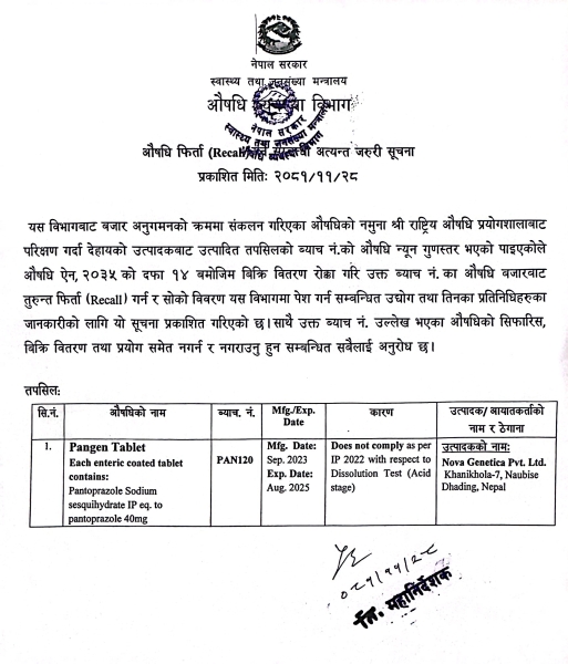औषधि फिर्ता (RECALL) गर्ने सम्बन्धि अत्यन्त जरुरी सूचना - २०८१/११/२८